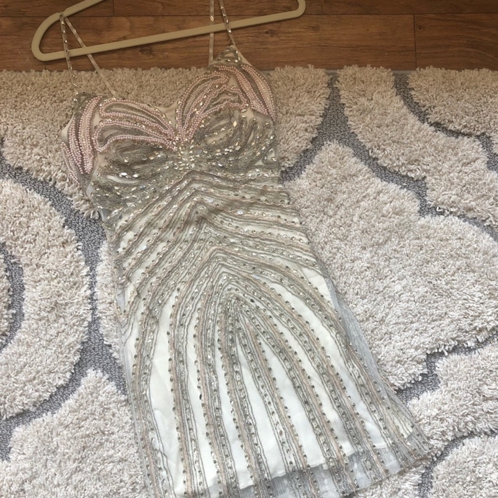 Musani Couture One of a Kind Silver and Pink Beaded Mini Dress